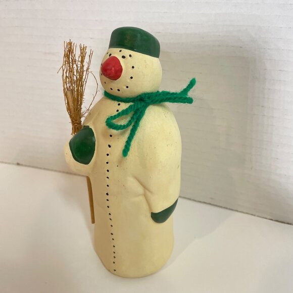 Vintage Snowman Figurine with Green Hat & Scarf Holding Broomstick - Rustic Wint - Picture 3 of 10